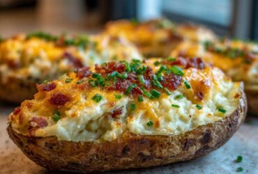 A close-up of an amazing twice-baked potato stuffed with creamy filling, topped with melted cheese, bacon bits, and fresh chives.