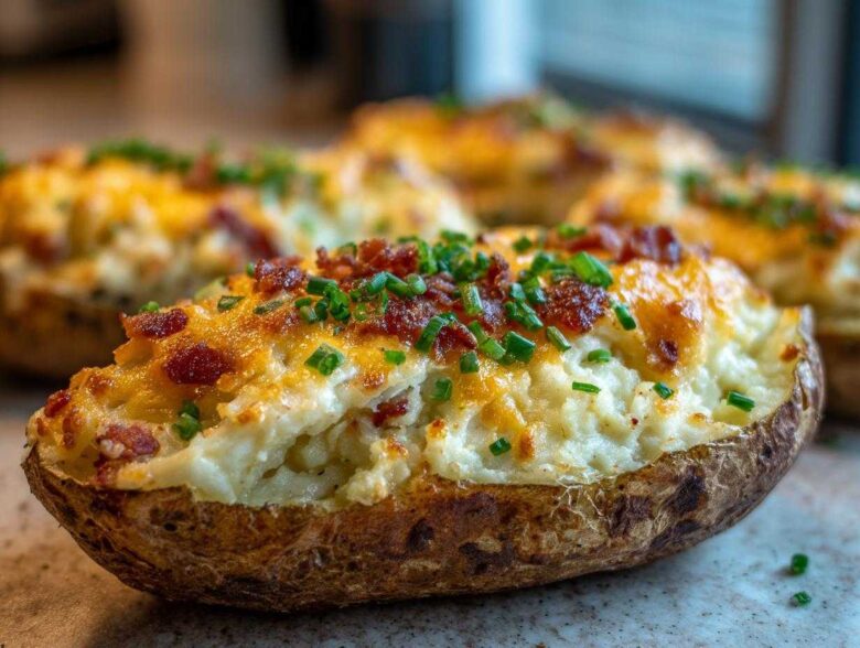 A close-up of an amazing twice-baked potato stuffed with creamy filling, topped with melted cheese, bacon bits, and fresh chives.