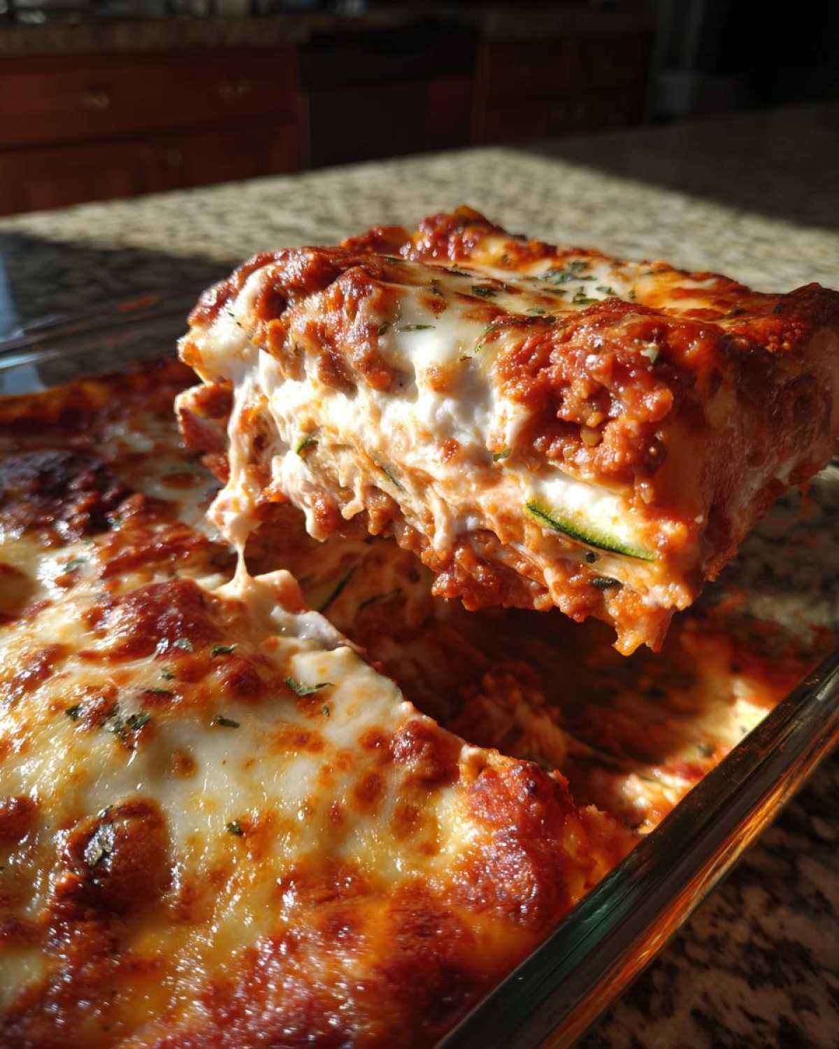 A cheesy, saucy slice of zucchini lasagna being lifted from the baking dish.
