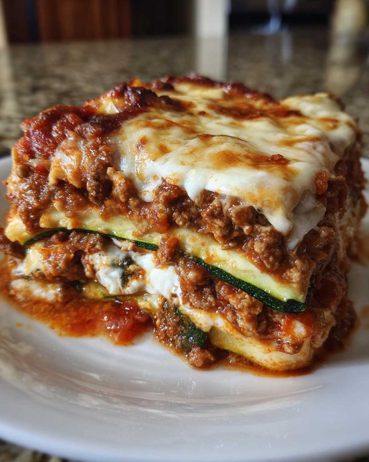 A thick, layered slice of zucchini lasagna featuring zucchini noodles, rich meat sauce, and melted mozzarella cheese.