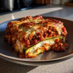 A thick, appetizing slice of zucchini lasagna showing layers of meat sauce, ricotta, and zucchini noodles.