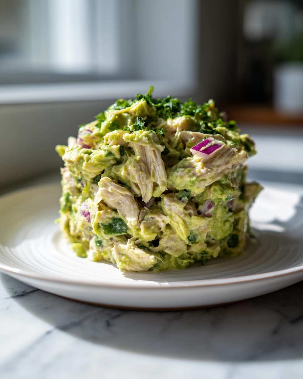A molded serving of creamy avocado chicken salad, topped with fresh parsley, on a white plate.