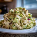 A generous mound of creamy avocado chicken salad featuring chunks of avocado and red onion served on a white plate.