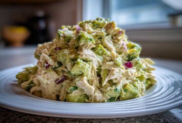 A generous mound of creamy avocado chicken salad featuring chunks of avocado and red onion served on a white plate.