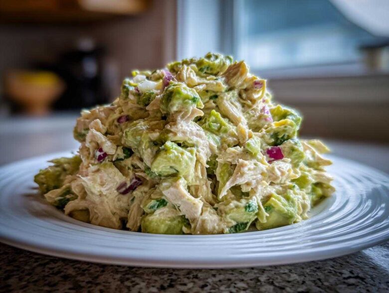 A generous mound of creamy avocado chicken salad featuring chunks of avocado and red onion served on a white plate.