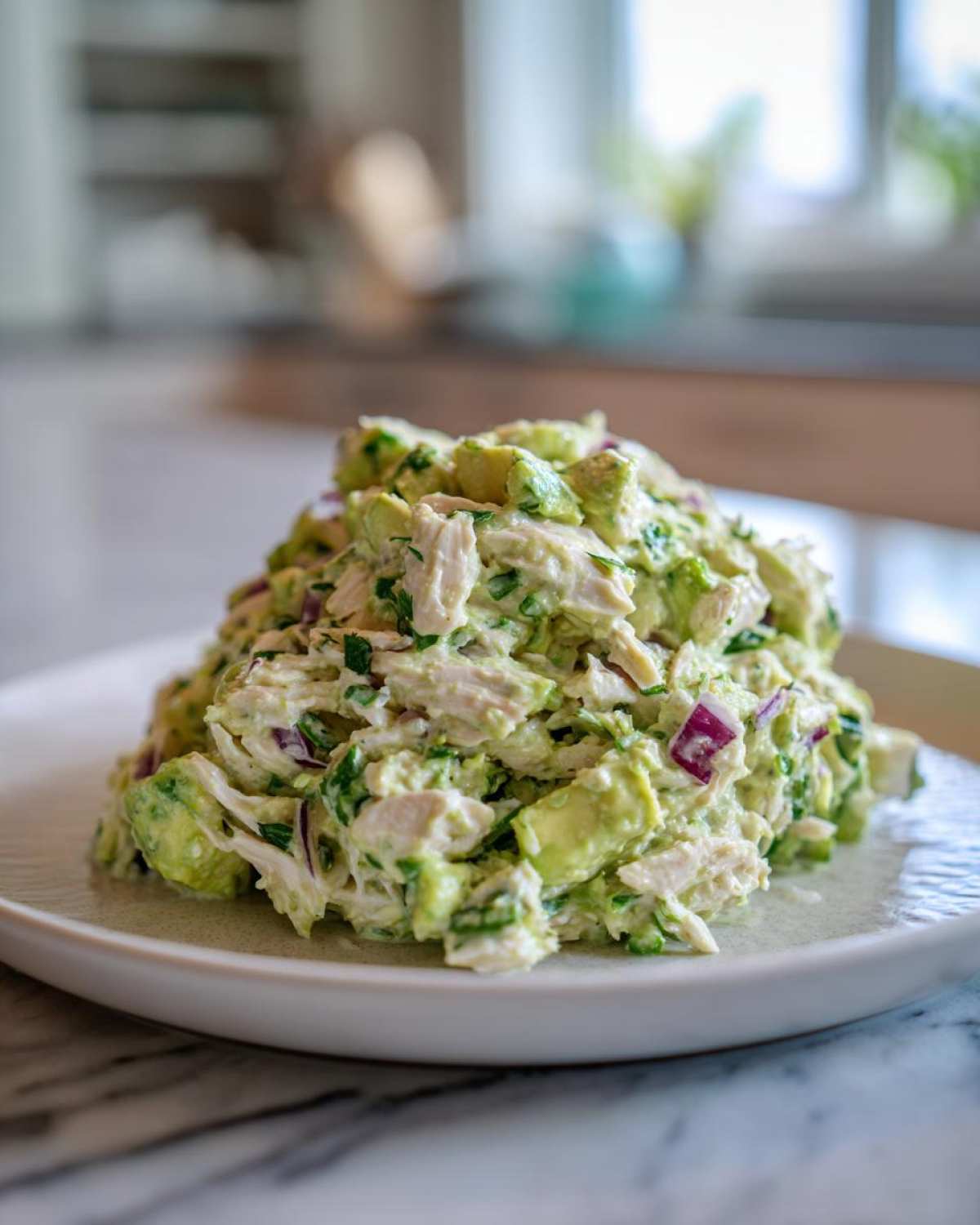 A mound of creamy avocado chicken salad featuring shredded chicken, diced avocado, and red onion served on a white plate.