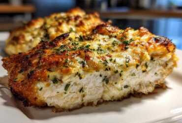 Close-up of a baked caesar chicken breast topped with melted cheese and herbs.