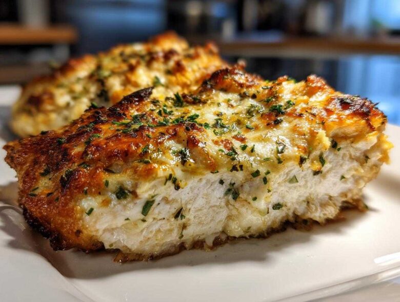 Close-up of a baked caesar chicken breast topped with melted cheese and herbs.