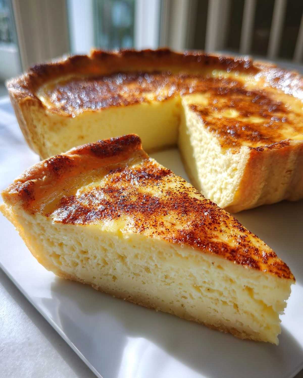 A close-up of a slice of baked egg custard with a golden, slightly burnt cinnamon top, next to the remaining tart.