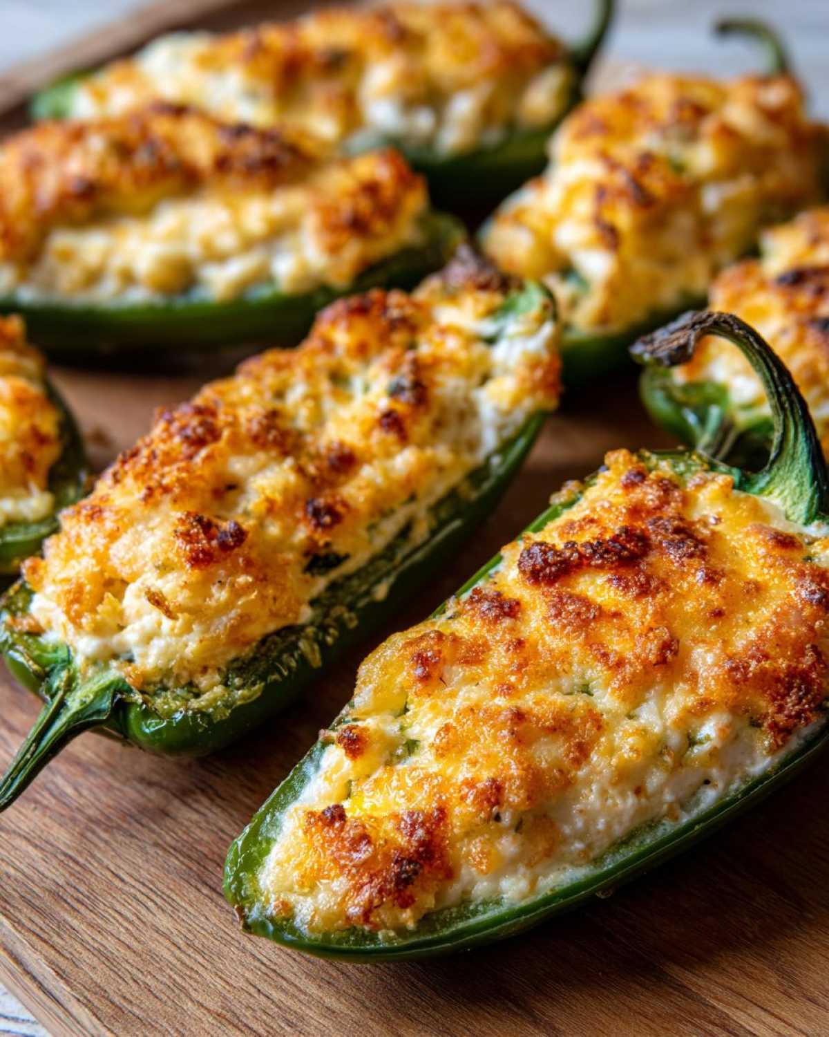 Close-up shot of freshly baked Jalapeño poppers stuffed with creamy cheese filling and a golden-brown crust.