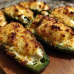 Close-up of several baked Jalapeño poppers stuffed with creamy cheese and topped with a golden, crispy crust.