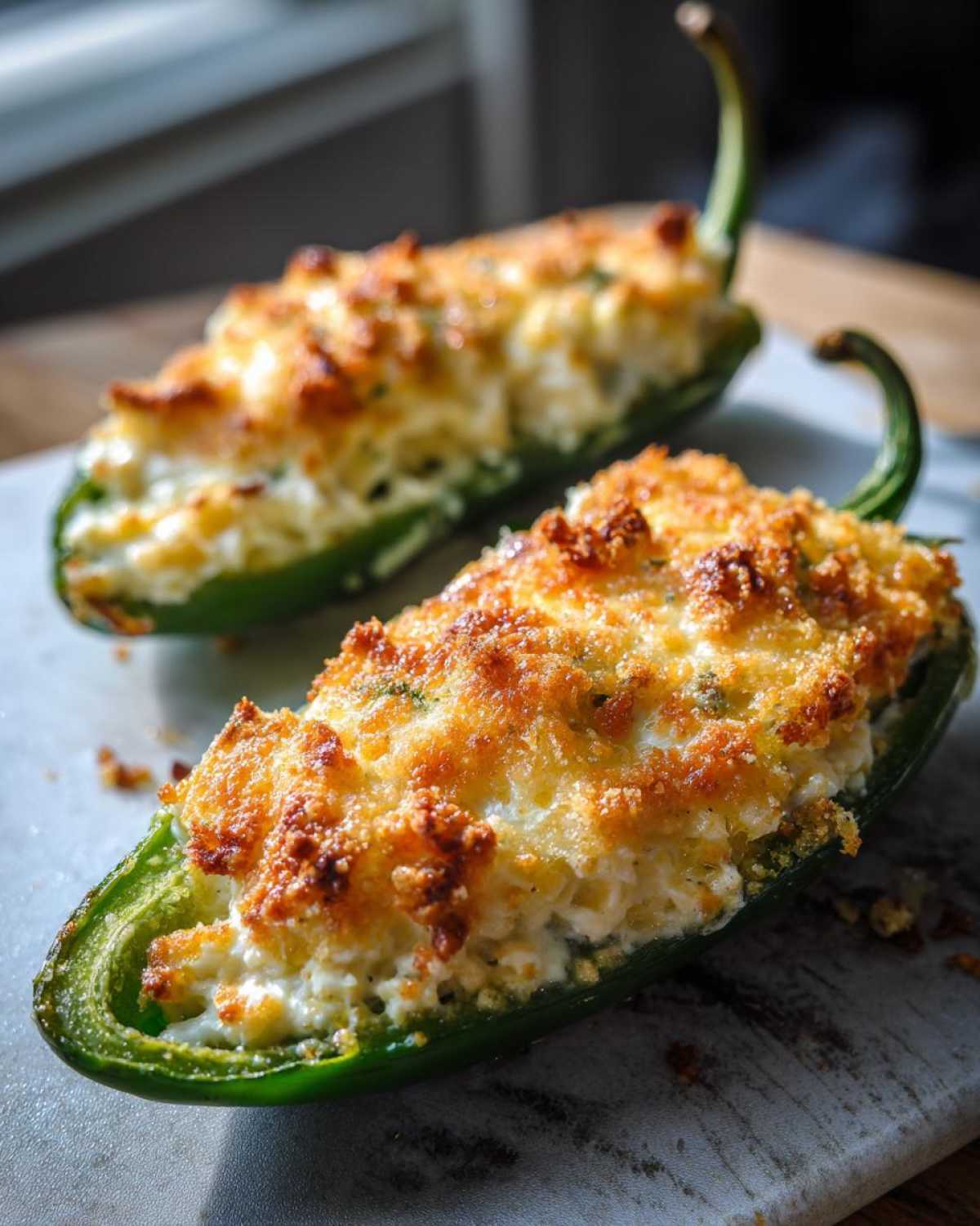 Close-up of two baked Jalapeño poppers filled with creamy cheese and topped with golden brown breadcrumbs.