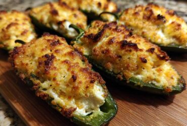 Close-up of several baked Jalapeño poppers stuffed with creamy cheese and topped with a golden, crispy crust.