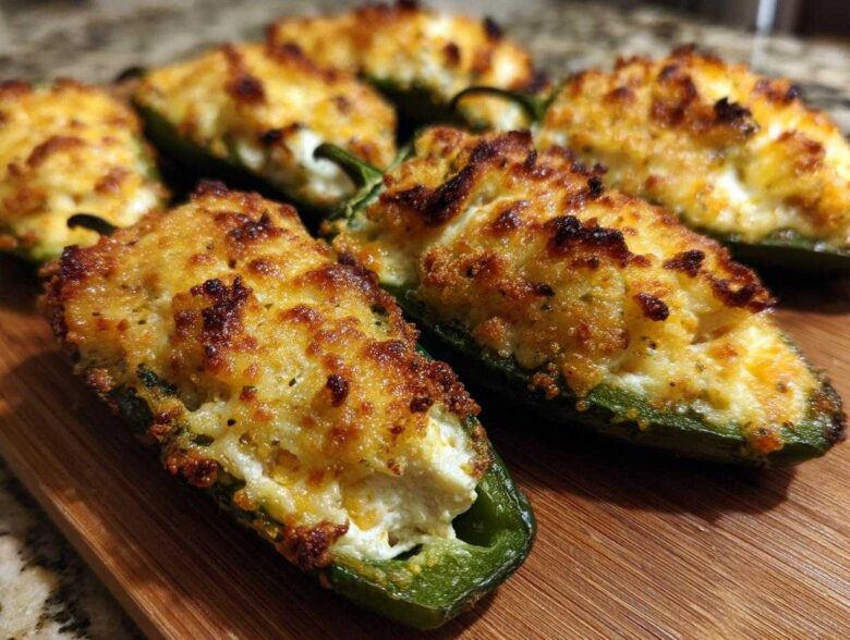 Close-up of several baked Jalapeño poppers stuffed with creamy cheese and topped with a golden, crispy crust.