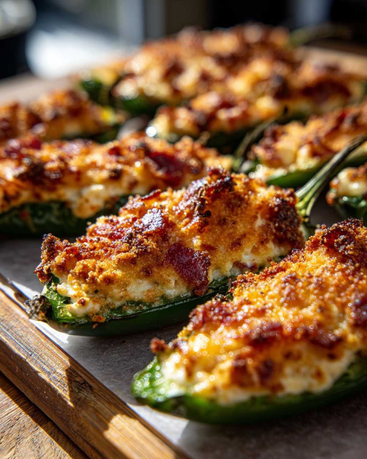 Close-up of several baked Jalapeño poppers stuffed with cream cheese filling and topped with crispy bacon and breadcrumbs.