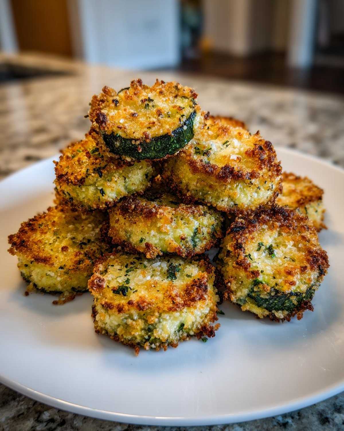 A stack of crispy, golden-brown baked parmesan zucchini rounds piled on a white plate.