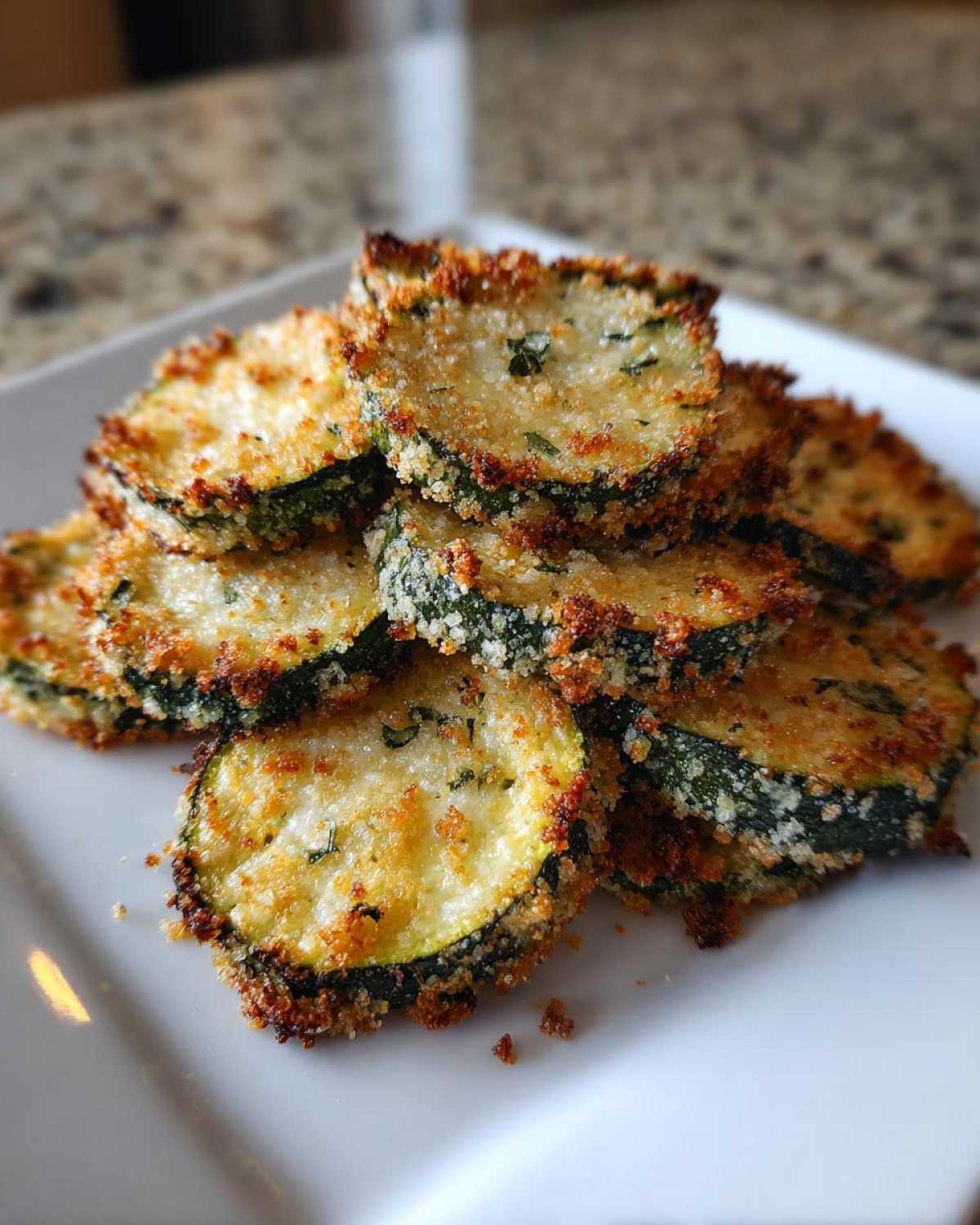 A stack of crispy, golden-brown baked parmesan zucchini slices seasoned with herbs on a white plate.