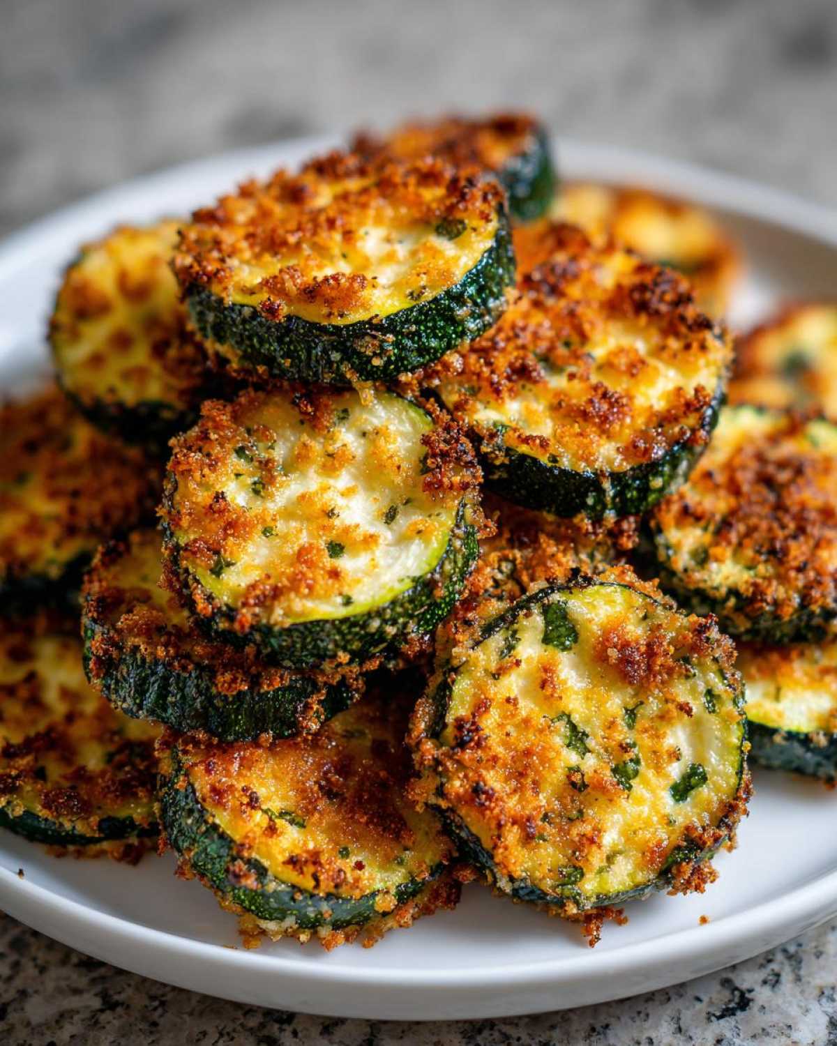 Close-up of a stack of golden brown baked parmesan zucchini slices on a white plate.