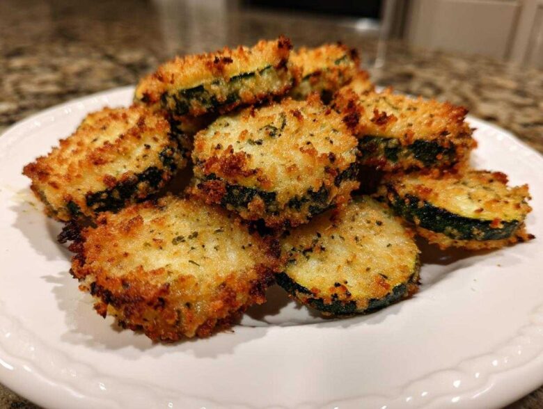 Close-up of golden brown, crispy baked parmesan zucchini slices piled on a white plate.