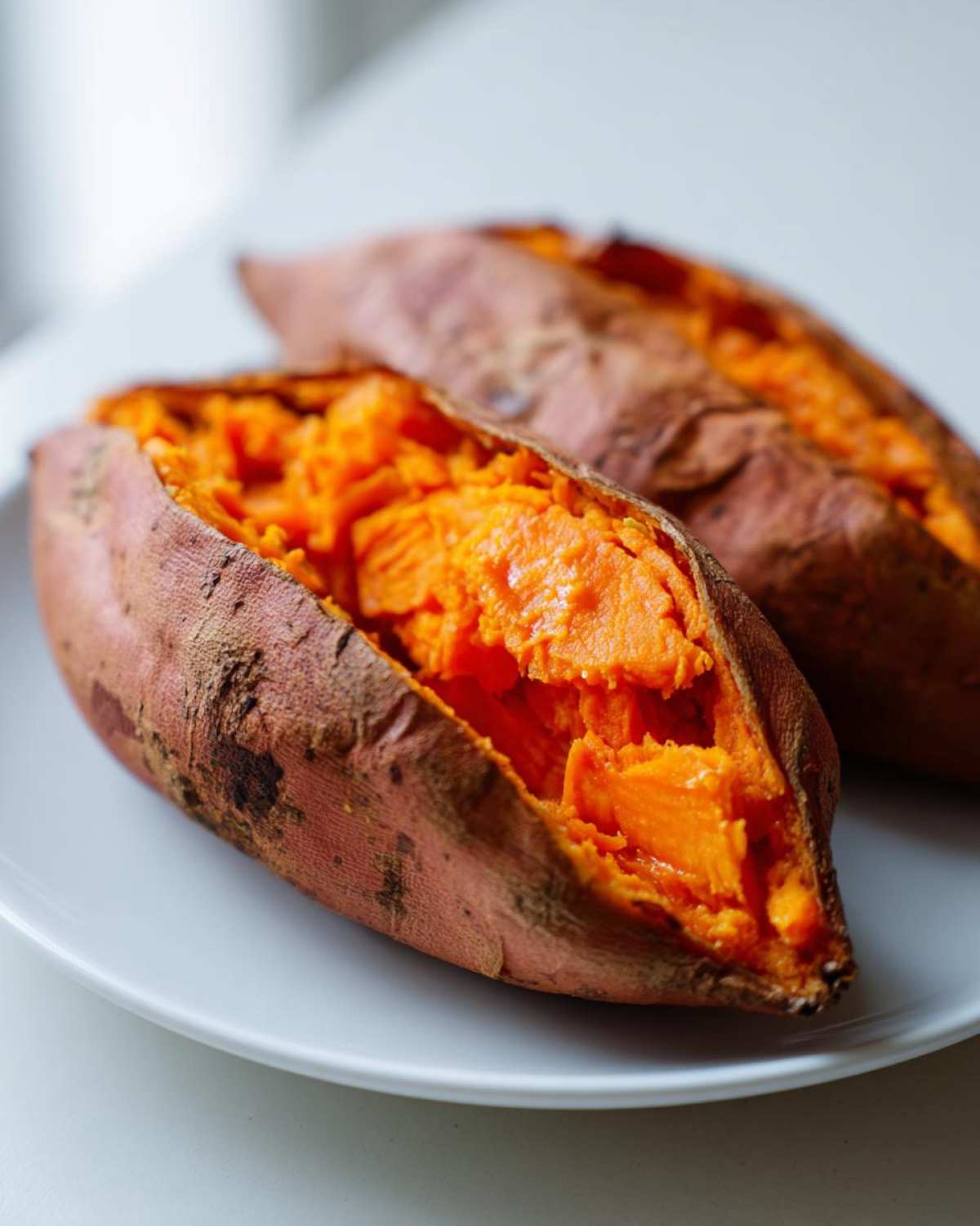 Close-up of a perfectly baked sweet potato split open, revealing bright orange, fluffy flesh.