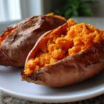 Two perfectly baked sweet potatoes, one split open to show the fluffy, bright orange interior.