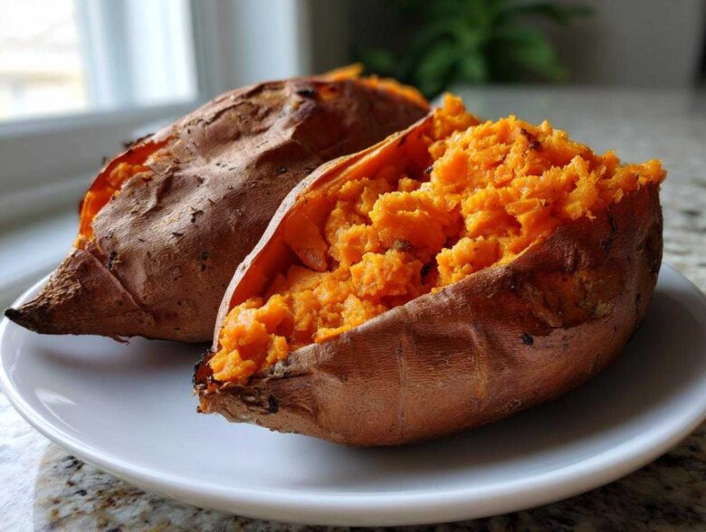 Two perfectly baked sweet potatoes, one split open to show the fluffy, bright orange interior.