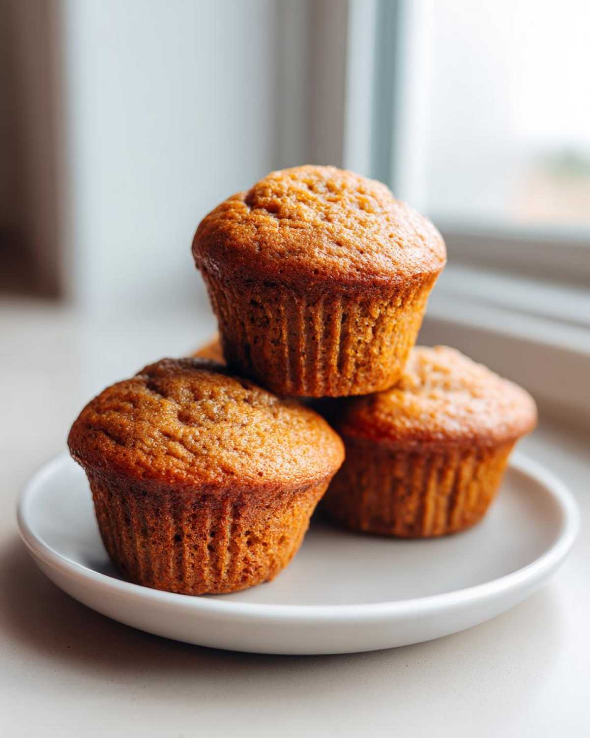 Three golden-brown banana protein muffins stacked on a small white plate near a bright window.