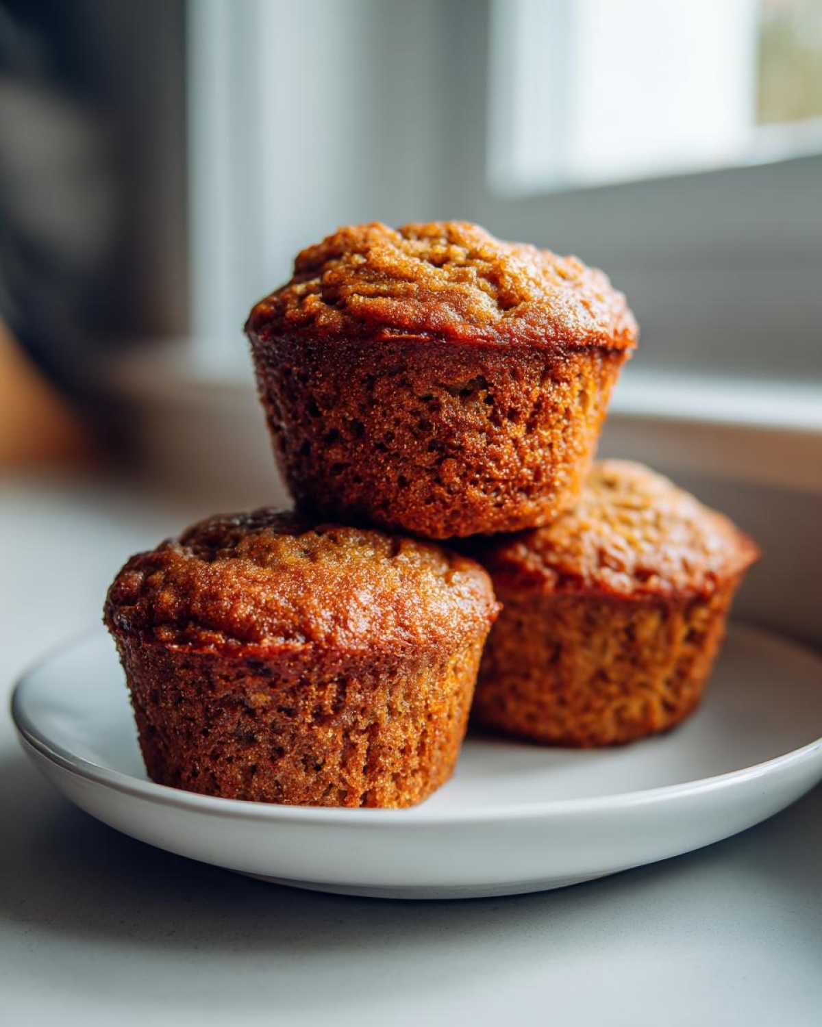 Three freshly baked banana protein muffins stacked slightly on a white plate near a window.