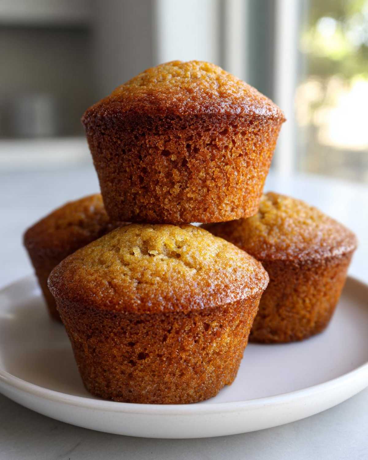 Four golden-brown banana protein muffins stacked slightly on a white plate, showing a moist texture.