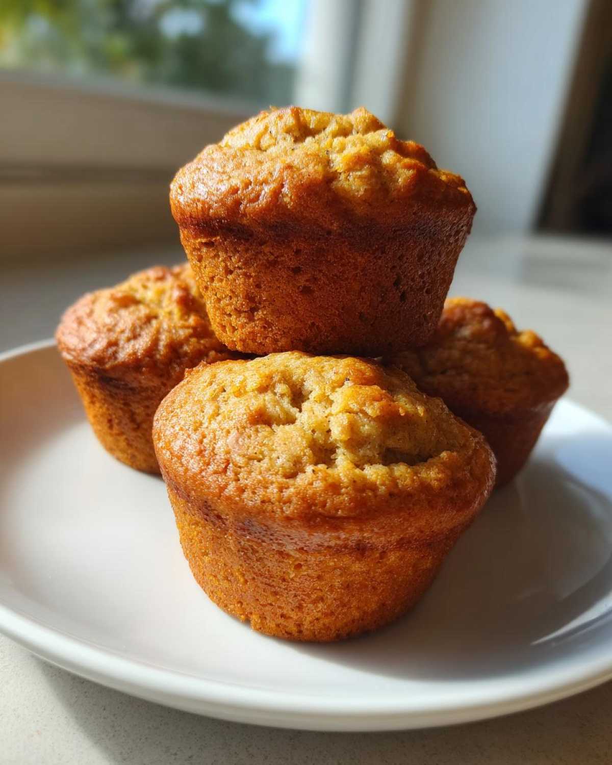 Four golden-brown banana protein muffins stacked on a white plate, backlit by natural light.