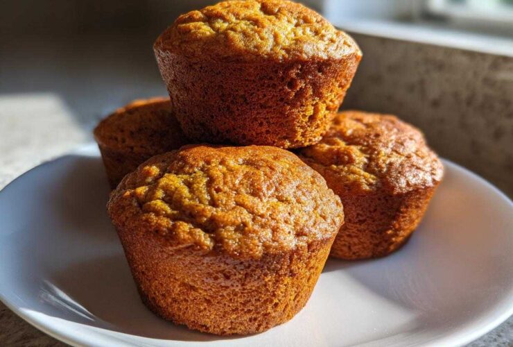 Four golden brown banana protein muffins stacked slightly on a white plate, highlighted by natural sunlight.