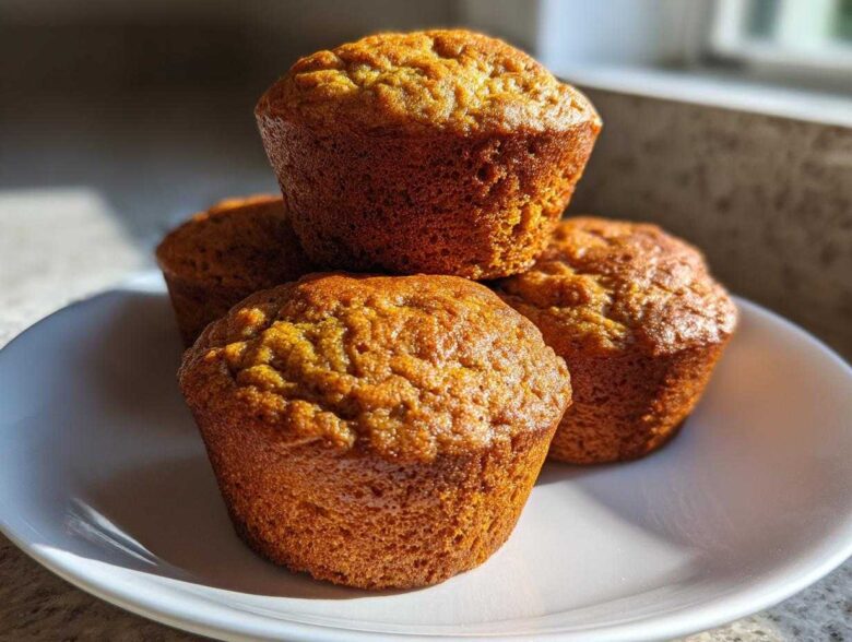 Four golden brown banana protein muffins stacked slightly on a white plate, highlighted by natural sunlight.