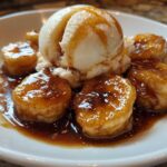Close-up of caramelized bananas foster slices topped with a scoop of vanilla ice cream and rich sauce.
