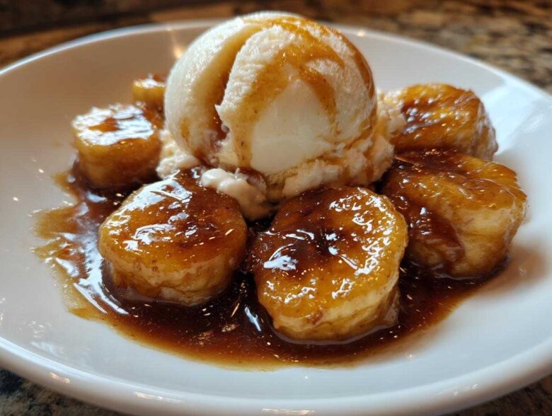 Close-up of caramelized bananas foster slices topped with a scoop of vanilla ice cream and rich sauce.