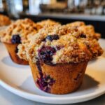 A close-up of a freshly baked blueberry muffin topped with a generous layer of golden brown streusel topping.