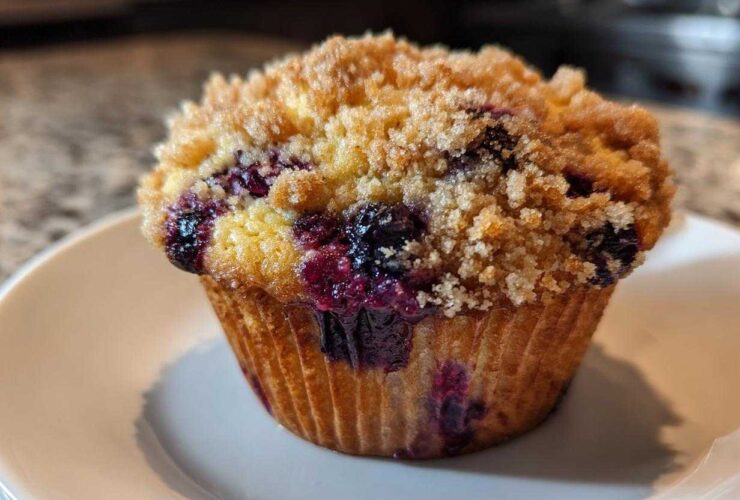 Close-up of a golden blueberry muffin with juicy berries and a generous streusel crumb topping.