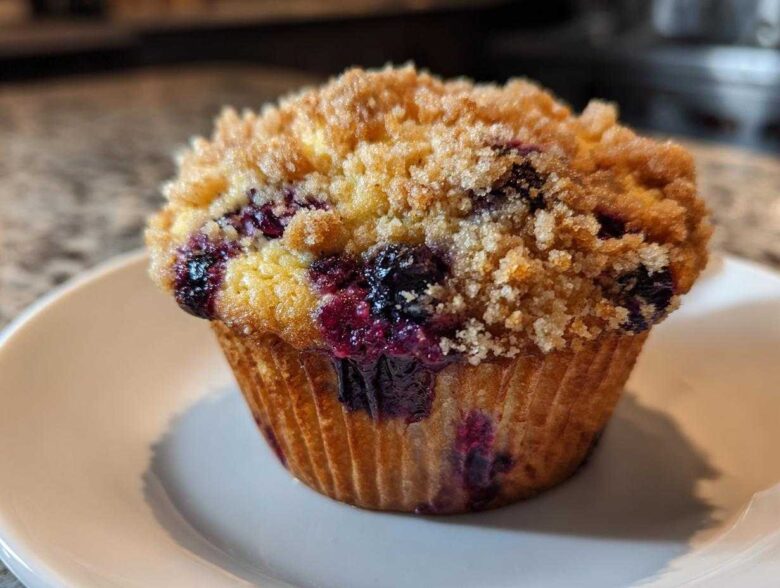 Close-up of a golden blueberry muffin with juicy berries and a generous streusel crumb topping.
