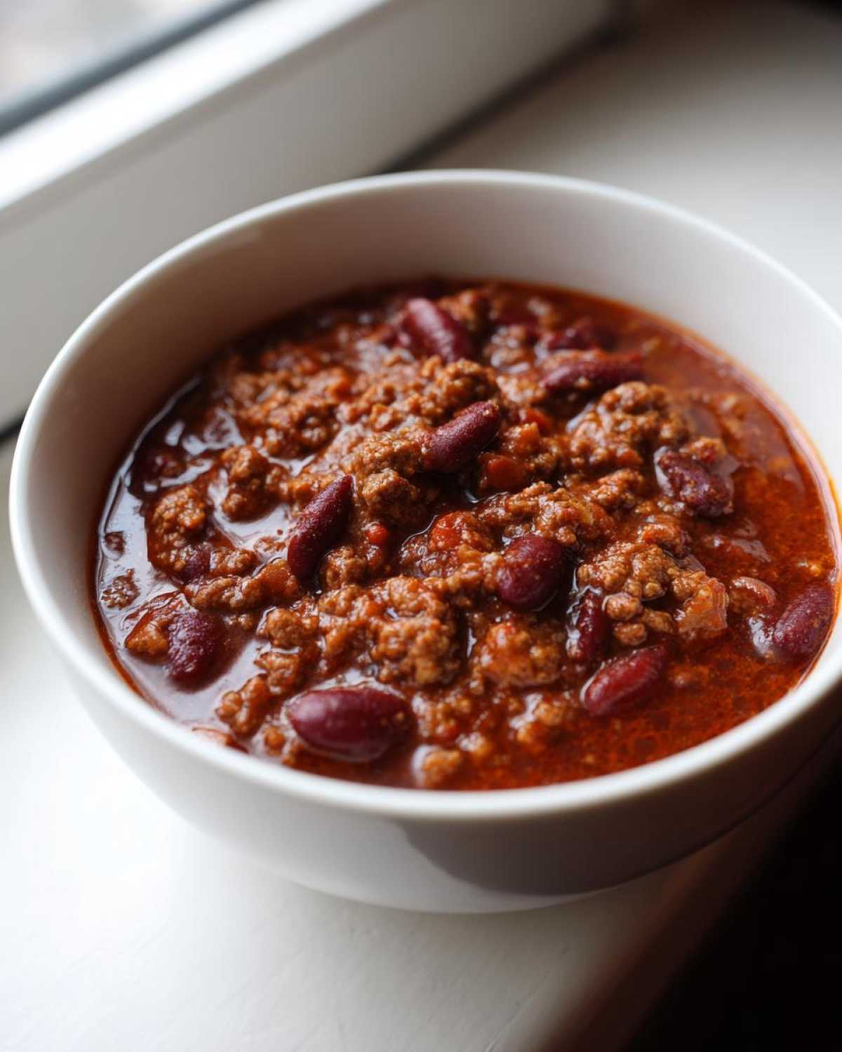 Close-up of a rich, meaty bowl of chili with visible kidney beans, ready to eat.