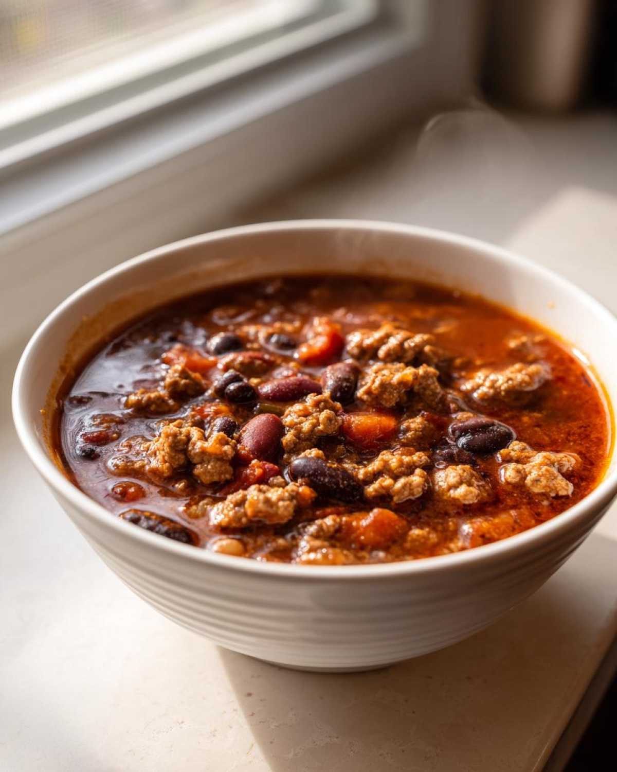 Close-up of a steaming white bowl containing the best chili recipe, rich with ground meat and kidney/black beans.
