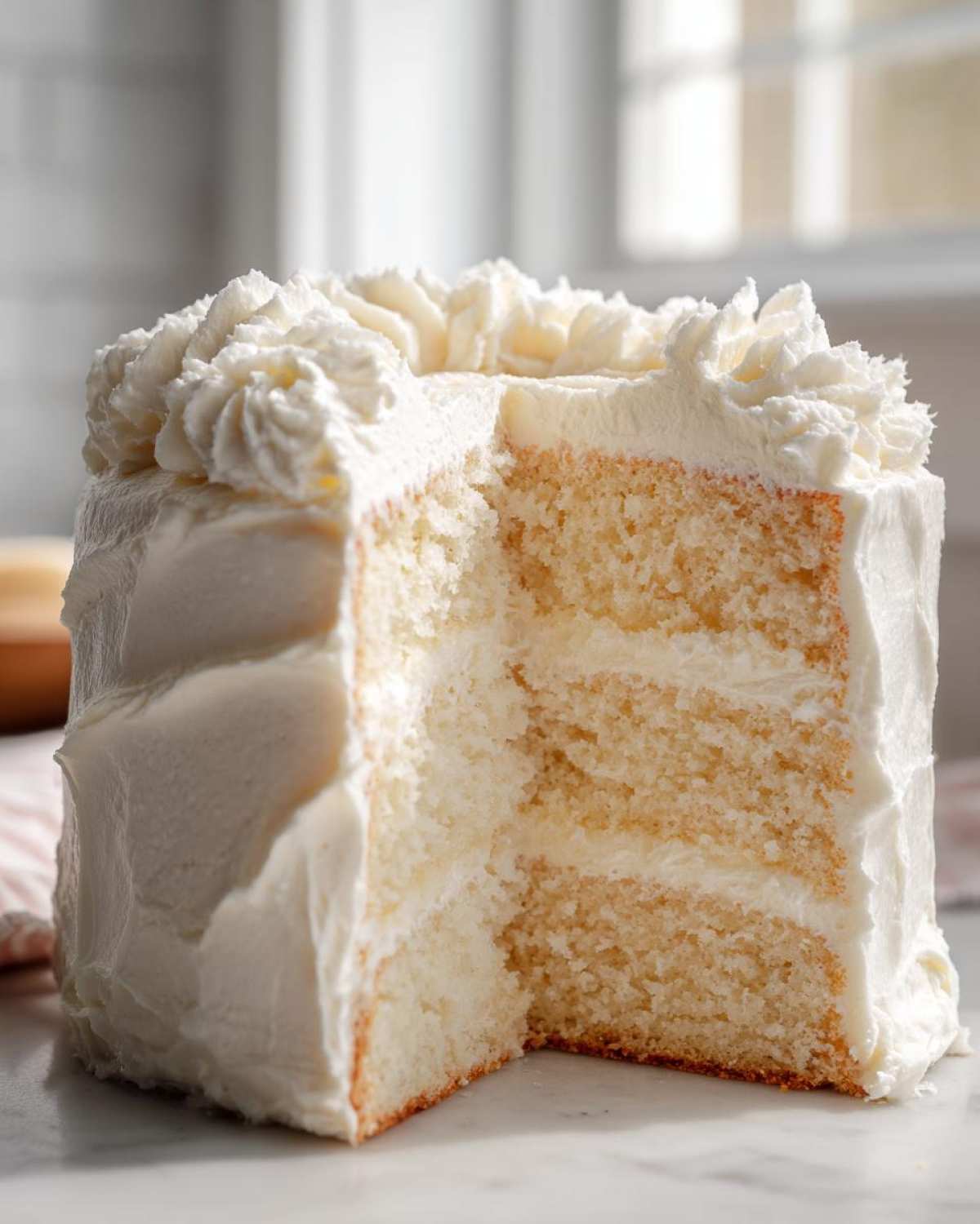 Close-up of a slice cut from a layered vanilla cake recipe, showing moist crumb and white frosting.