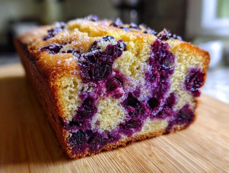 A close-up, cross-section view of a moist blueberry banana bread loaf studded with deep purple blueberries.