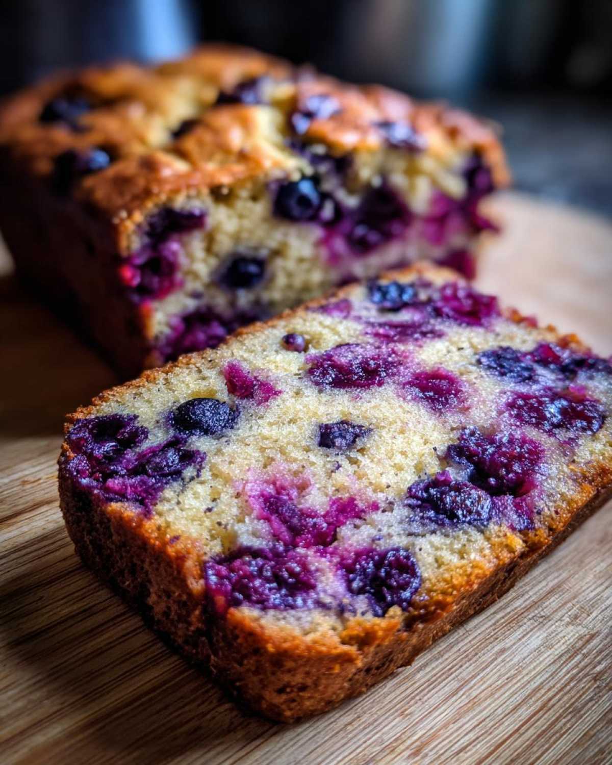 Close-up of a thick slice of moist blueberry banana bread showing vibrant purple berries baked into the golden crumb.