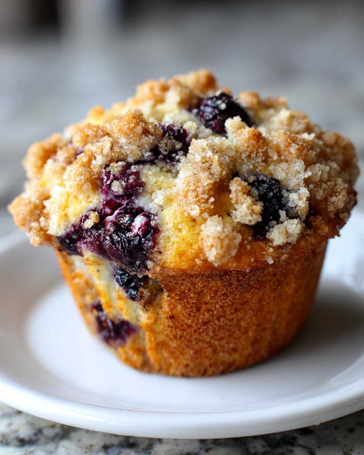 A close-up of a golden-brown blueberry muffin topped with sweet streusel, showcasing juicy berries.