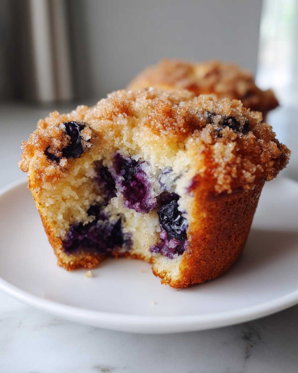 A close-up of a delicious blueberry muffin cut in half, showing juicy berries and a sugary crumb topping.