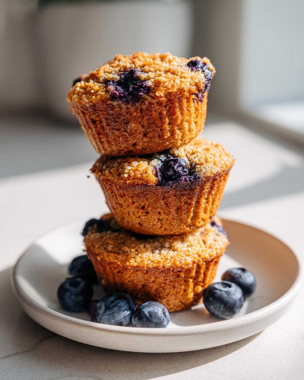 Three golden-brown blueberry protein muffins stacked vertically on a small plate with fresh blueberries.