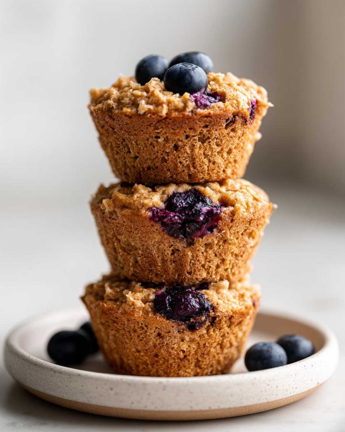 A vertical stack of three golden-brown blueberry protein muffins topped with fresh blueberries on a small speckled plate.