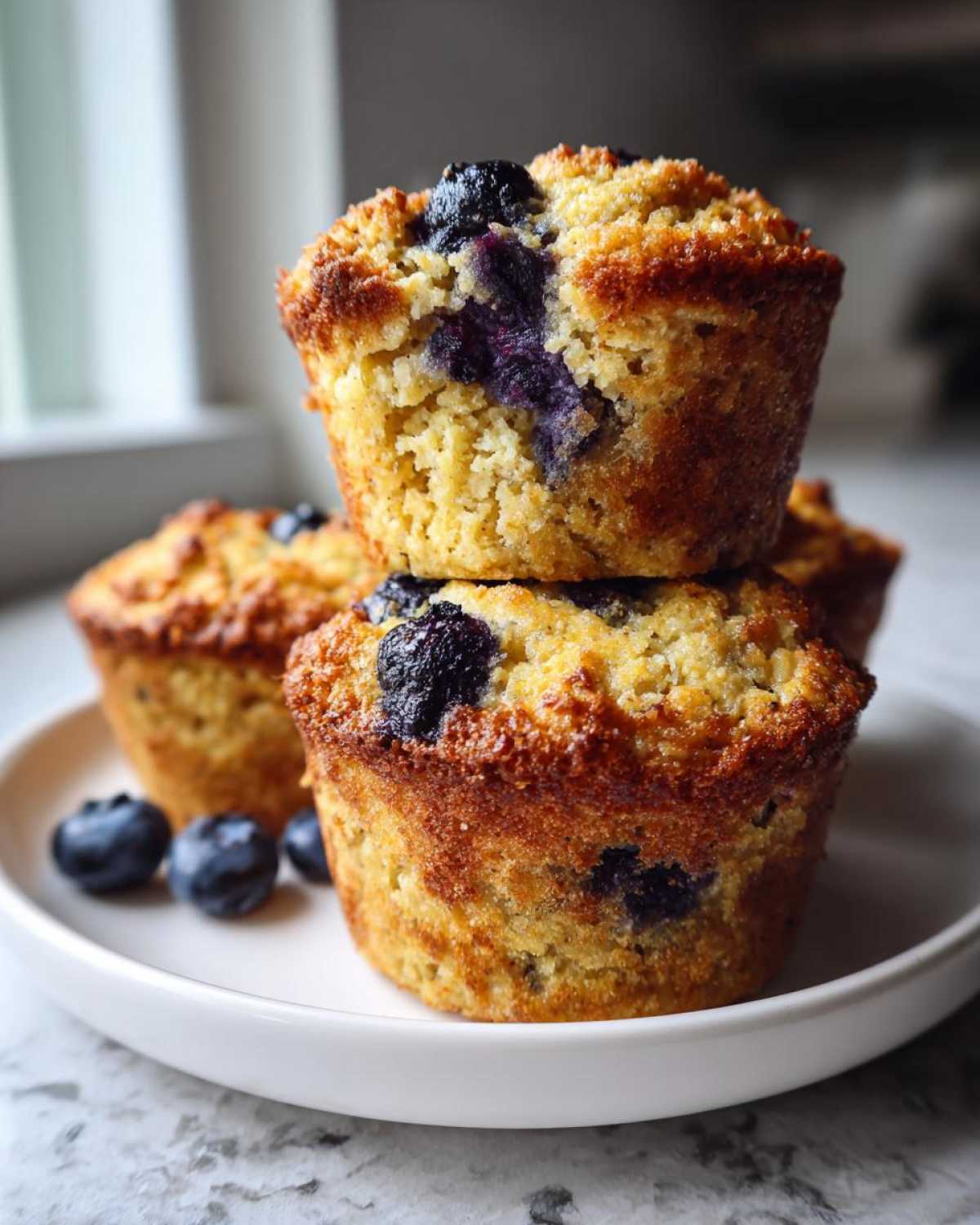 A stack of two golden-brown blueberry protein muffins on a white plate with fresh blueberries nearby.