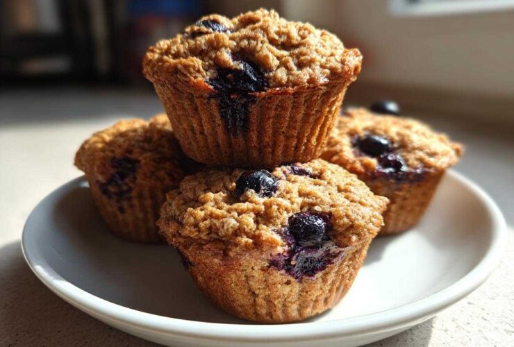A stack of four golden-brown blueberry protein muffins with a crumb topping resting on a white plate.