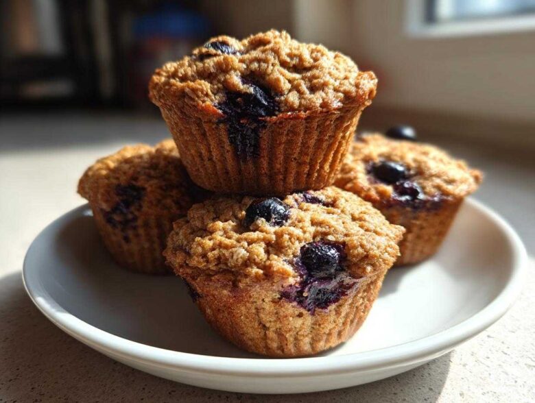 A stack of four golden-brown blueberry protein muffins with a crumb topping resting on a white plate.