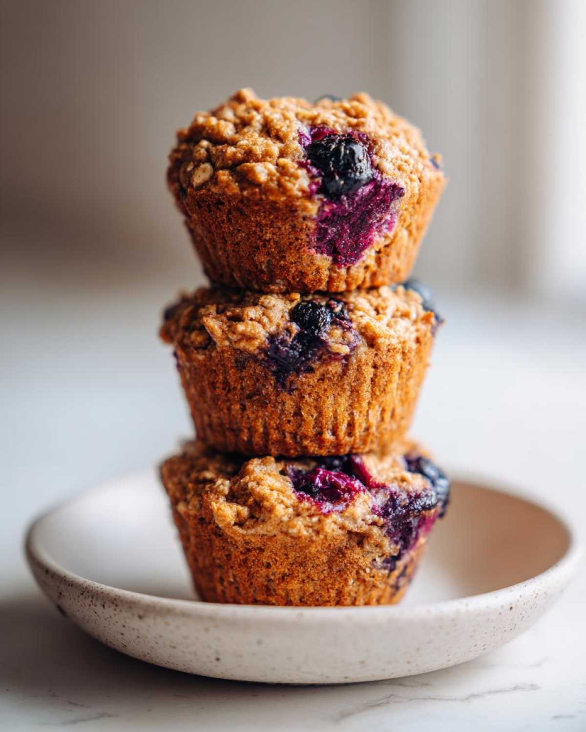 A vertical stack of three golden-brown blueberry protein muffins topped with crumble, resting on a small speckled plate.